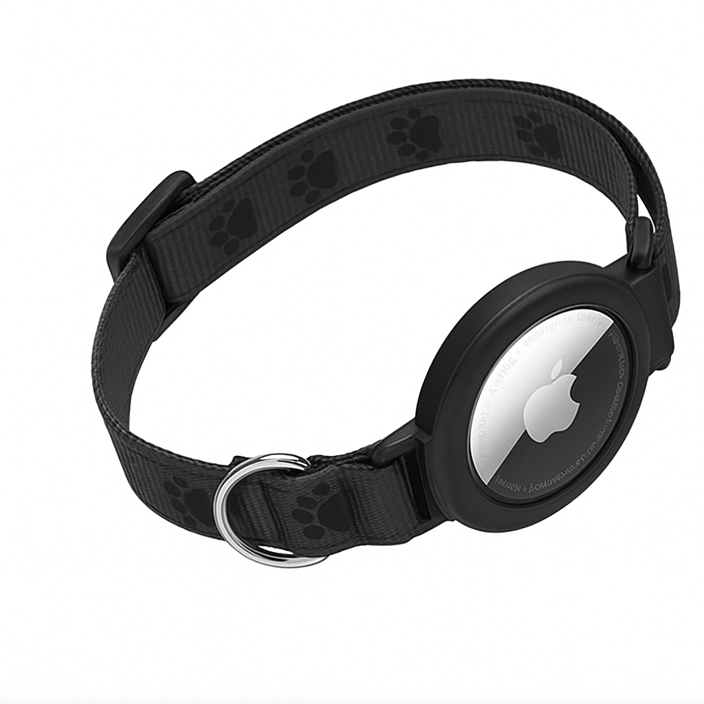 Black cat collar with built-in Apple AirTag holder and reflective safety design