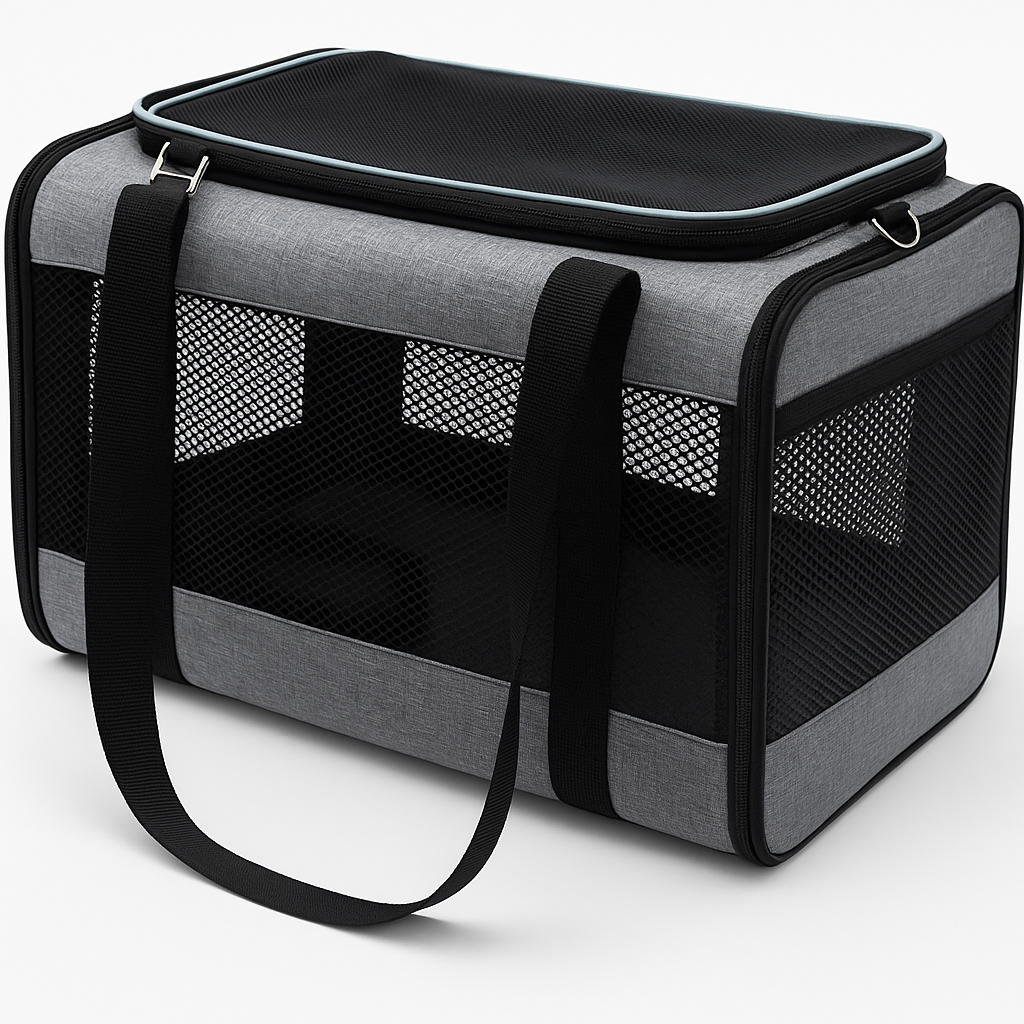 Soft-sided black cat carrier with breathable mesh and secure zippers