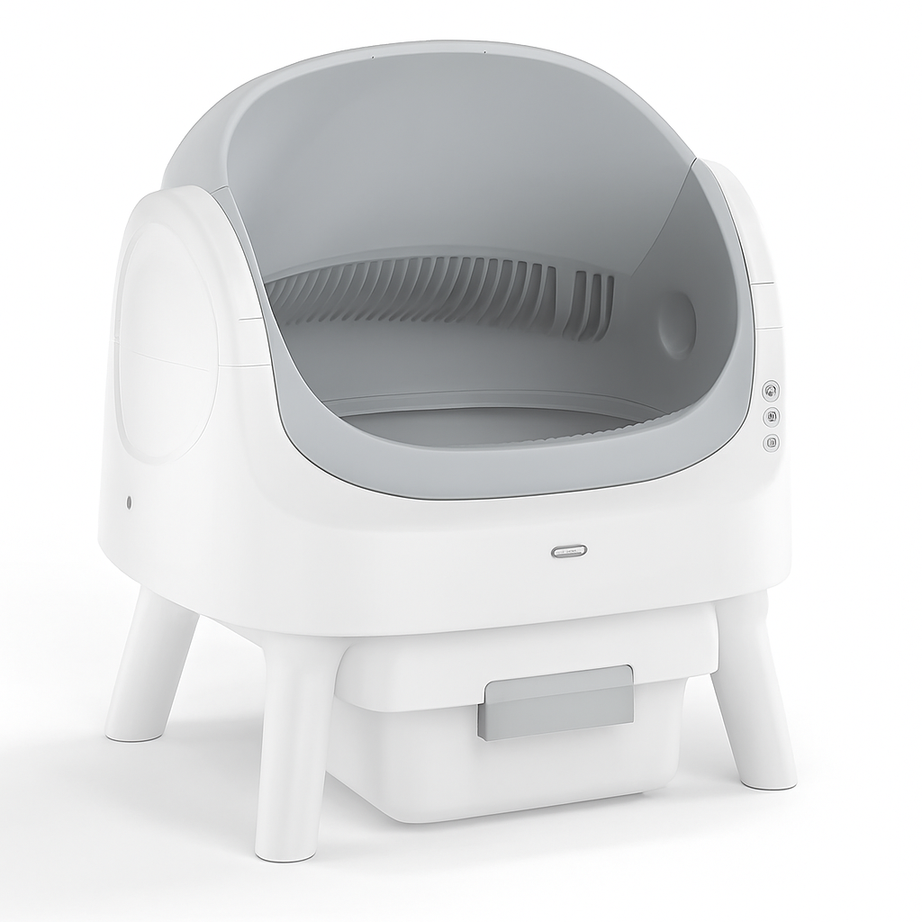 Open stainless steel automatic litter box for cats with self-cleaning feature